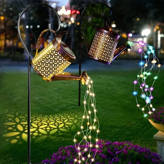 Large Retro Metal Lantern Solar Watering Can Light Outdoor Waterproof Shower Lights Hanging Star LED Fairy for Garden Decoration